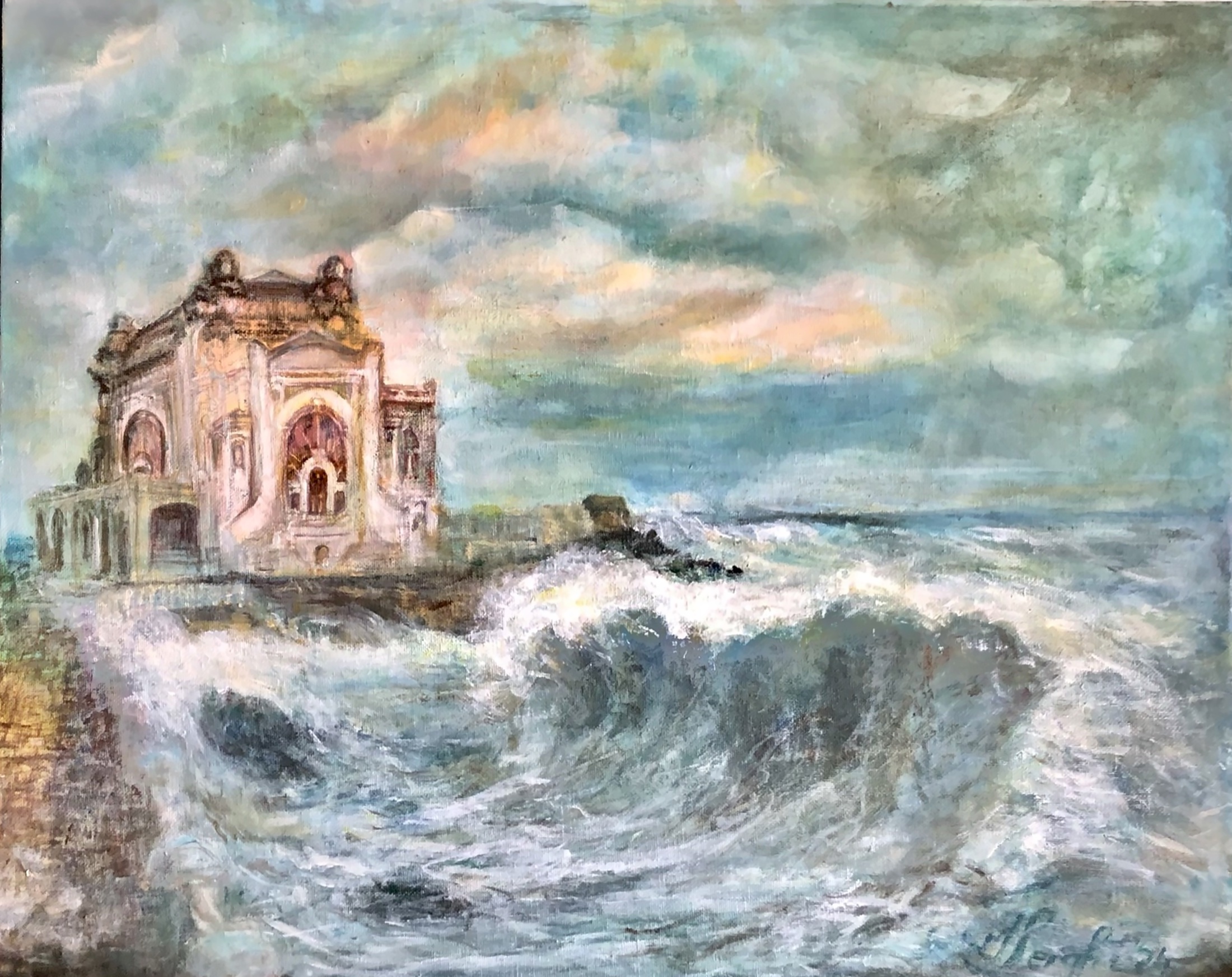 Pictura Noni Serghi cu peisaj la malul marii si atmosfera de coasta.