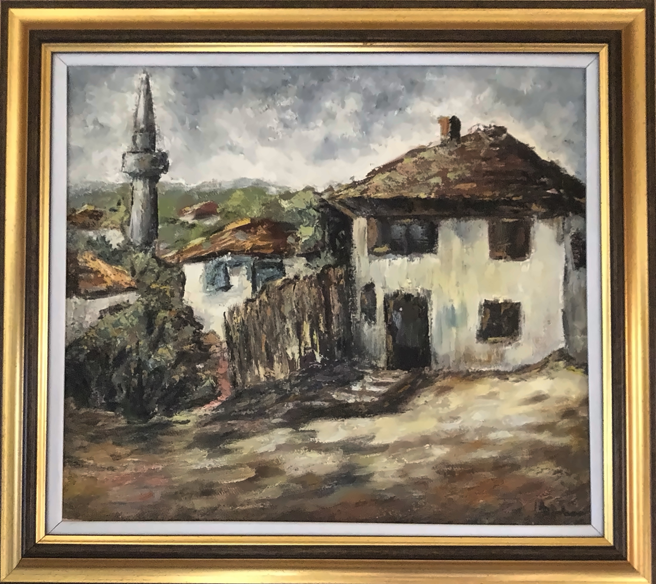 Pictura Noni Serghi cu sat, case si lumina de apus.