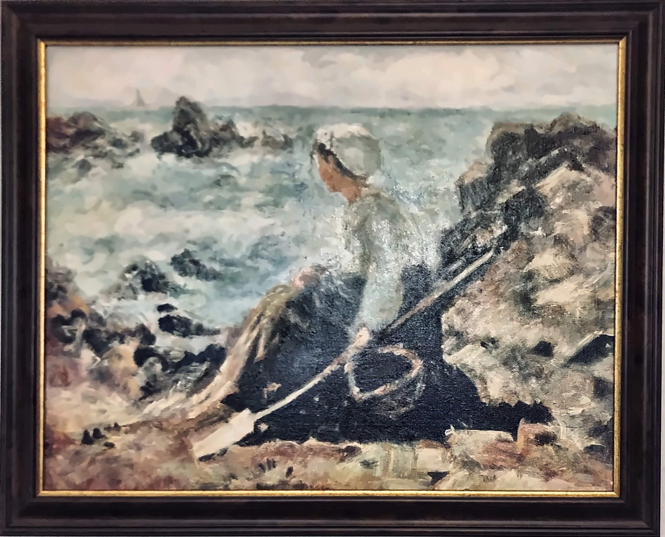 Pictura Noni Serghi cu tarm stancos, mare si atmosfera contemplativa.